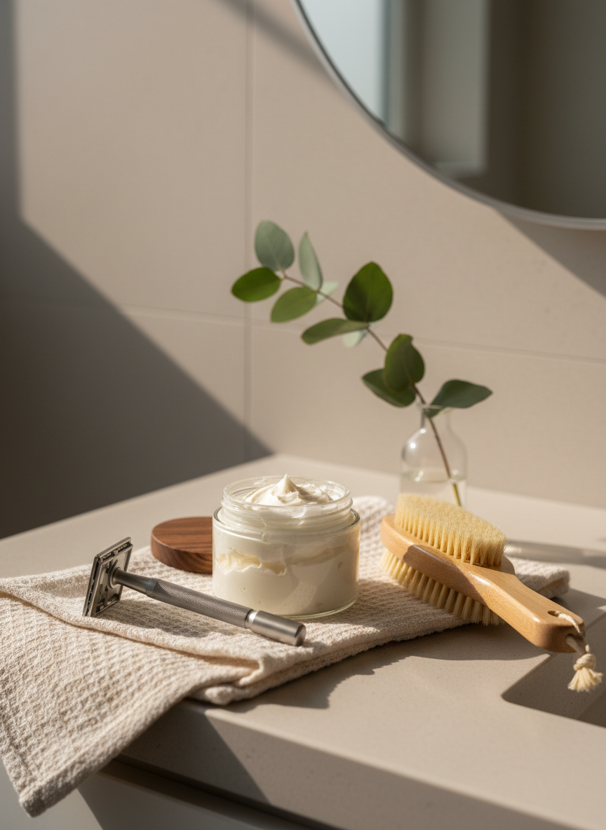 A neatly arranged bathroom vanity featuring a collection of natural self-care items: a brushed aluminum safety razor resting on a folded organic cotton towel, a glass jar of whipped shea body butter with visible texture, and a wooden-handled dry brush with firm bristles. Everything sits on a pale stone countertop beside a small clear vase holding a single sprig of eucalyptus. Soft morning light filters in from an unseen window, creating gentle highlights on the metal and glass while casting calm, elongated shadows. Photographic realism with a clean, sophisticated aesthetic, shot at eye level with a shallow depth of field so the background softly blurs, conveying a serene, intentional natural living routine for a woman confidently embracing midlife.