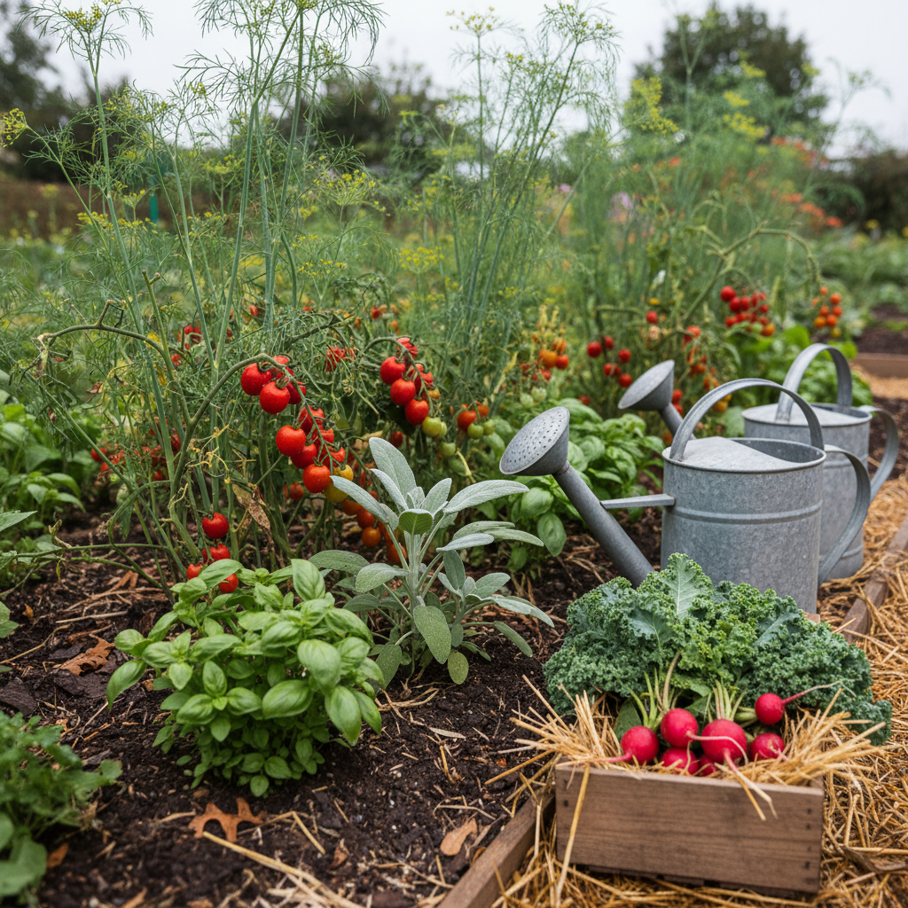 A flourishing backyard garden bed filled with thriving herbs and vegetables: tall feathery dill, lush basil, silvery sage leaves, and ripening cherry tomatoes glistening with tiny droplets of water. A pair of well-used galvanized metal watering cans and a small wooden crate lined with natural straw sit at the edge, holding freshly picked kale and radishes with soil still clinging to their roots. The soil is dark and rich, with fallen leaves scattered around. Soft, diffused afternoon light from an overcast sky creates gentle, even illumination, highlighting the varied textures of leaves, stems, and soil. Photographic realism, captured from a slightly low angle close to the plants, with a sense of grounded, earthy sophistication that reflects natural living and mindful gardening.