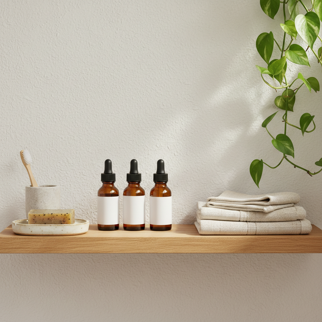 A minimal, elegant bathroom shelf made of light wood, holding a curated selection of natural wellness products: amber glass dropper bottles with simple blank labels, a translucent soap bar resting on a ridged ceramic dish, a bamboo toothbrush in a small stone cup, and a neatly folded stack of unbleached cotton washcloths. A trailing vine plant cascades down from the top of the frame, its leaves catching the light. Bright but soft daylight enters from above and to the right, creating clean highlights and gentle shadows that emphasize texture. Photographic realism with a clean, modern composition, shot straight on with sharp focus, conveying a sophisticated, toxin-conscious self-care ritual for mature women who value simplicity and natural ingredients.