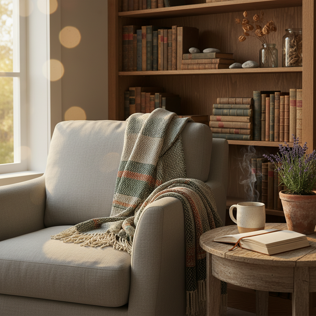 A peaceful reading nook with a plush, light-gray armchair draped with a soft, woven throw in muted earth tones. On the side table, a simple ceramic mug of herbal tea releases a delicate curl of steam beside an open linen-bound journal and a small potted lavender plant in a textured clay pot. Behind, a bookshelf holds a curated selection of well-worn books and a few natural decor elements like smooth river stones and dried seed pods. Golden hour sunlight filters through a nearby window, creating warm patches of light and subtle bokeh. Photographic realism, captured at eye level using the rule of thirds, with a calm, reflective atmosphere that feels like an intimate retreat for a thoughtful woman over 50 embracing a slower, more intentional life.