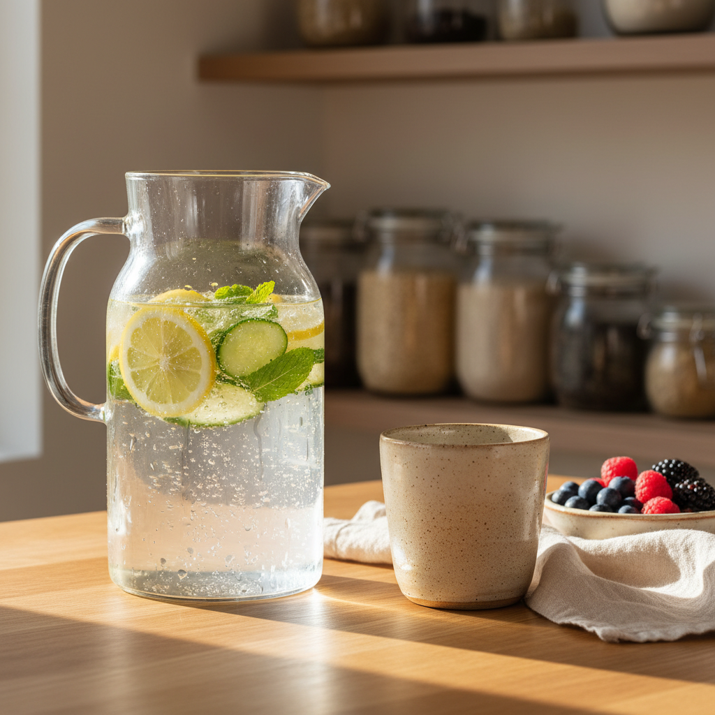 An inviting kitchen scene centered on a large clear glass pitcher filled with water infused with lemon slices, fresh mint, and thin rounds of cucumber. Tiny bubbles cling to the produce, and condensation gathers on the outside of the pitcher. Beside it, a simple stoneware tumbler sits on a light oak counter, near a linen napkin and a small bowl of mixed berries. In the background, a blurred view of a tidy kitchen shelf with neatly stored glass jars of grains and teas. Late-afternoon natural light streams in from the left, casting warm highlights and soft shadows. Photographic realism, shot at a slightly elevated angle, with a clean, sophisticated mood that suggests healthy hydration and mindful daily habits in a natural lifestyle.