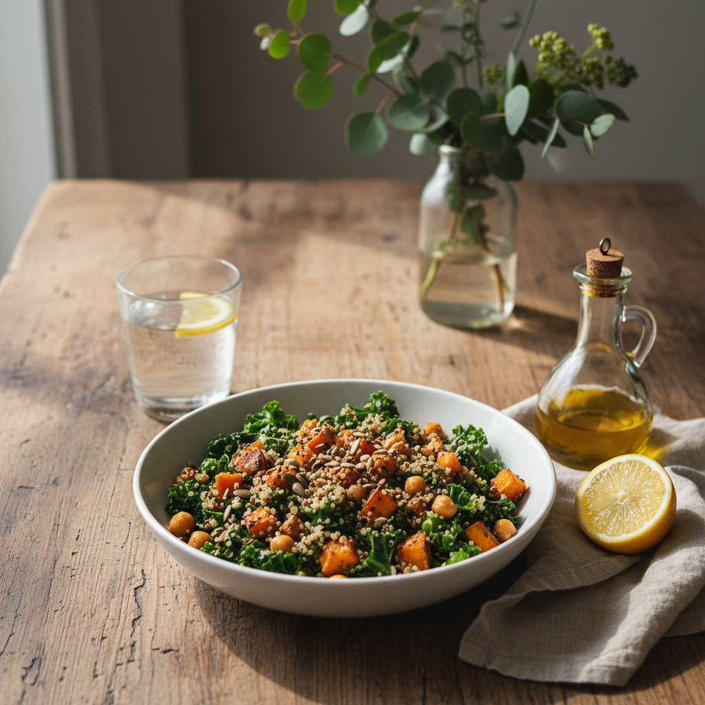 A rustic wooden dining table set for a simple, nourishing meal: a large white ceramic bowl filled with a colorful grain and vegetable salad featuring quinoa, roasted sweet potatoes, chickpeas, and leafy greens, topped with toasted seeds. Nearby, a small glass bottle of golden olive oil, a lemon half, and a linen napkin rest casually. A clear glass of room-temperature water with a single lemon slice completes the setting. In the softly blurred background, a vase holds a few branches of seasonal greenery. Bright, indirect daylight washes across the scene from a nearby window, emphasizing natural colors and casting delicate shadows. Photographic realism, captured from a three-quarter overhead angle, with a calm, unhurried atmosphere that reflects healthy, intuitive eating in midlife.