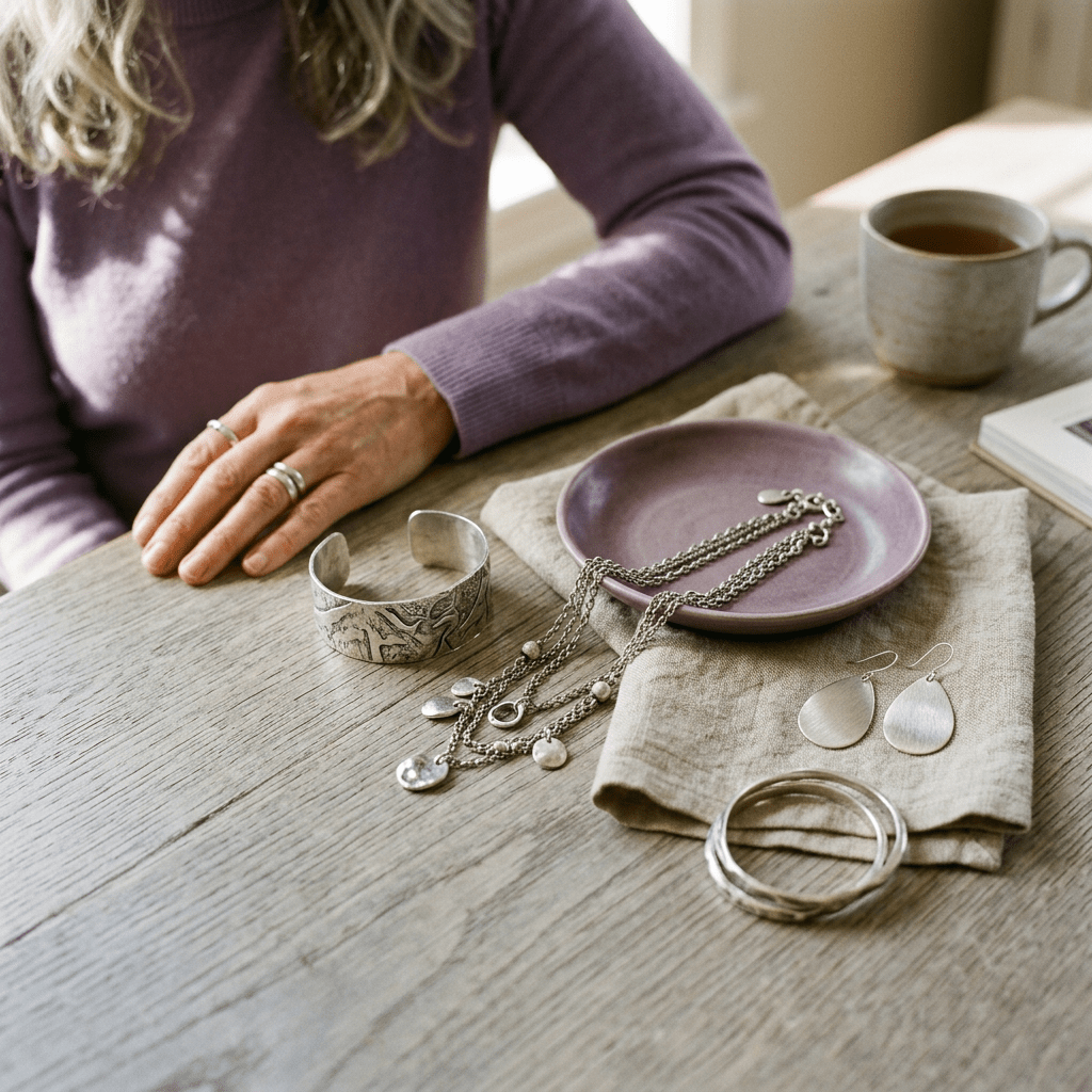 Silver jewelry arranged beside coffee on a wooden table