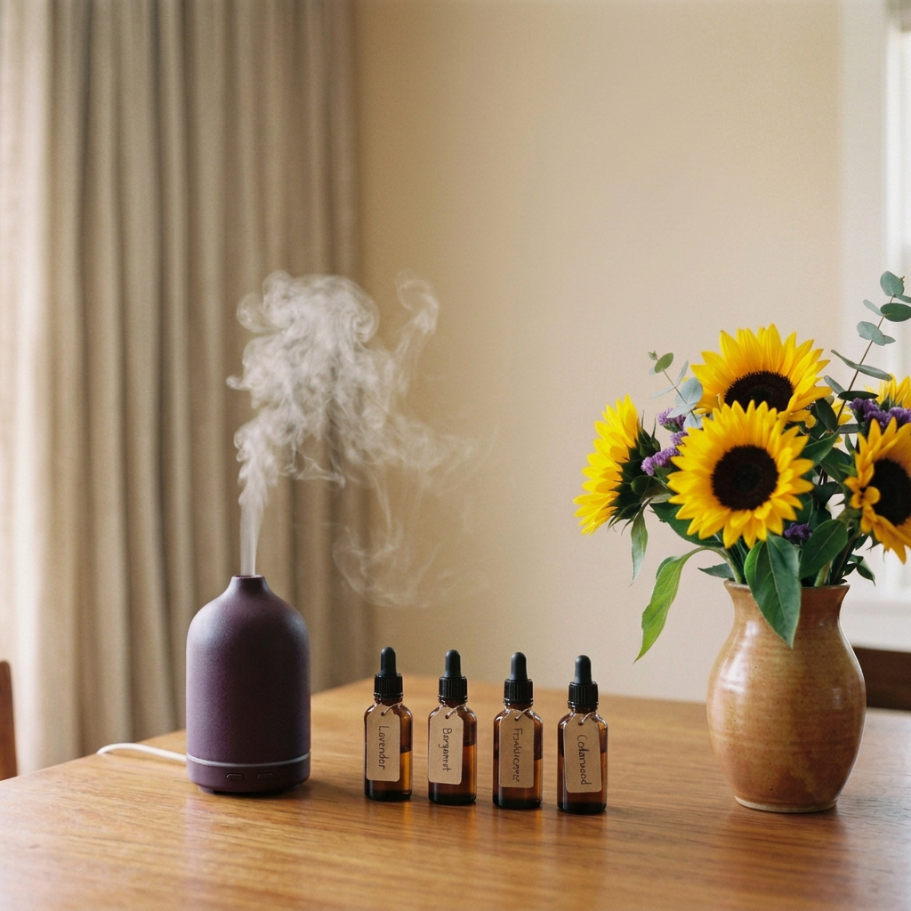 Woman beside diffuser, essential oils, and sunflower vase