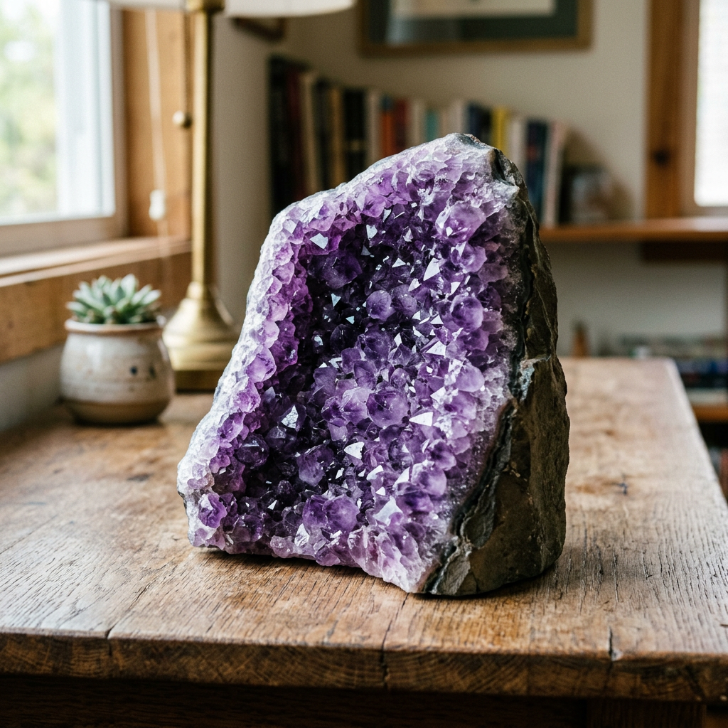 Purple amethyst geode displayed on a wooden table