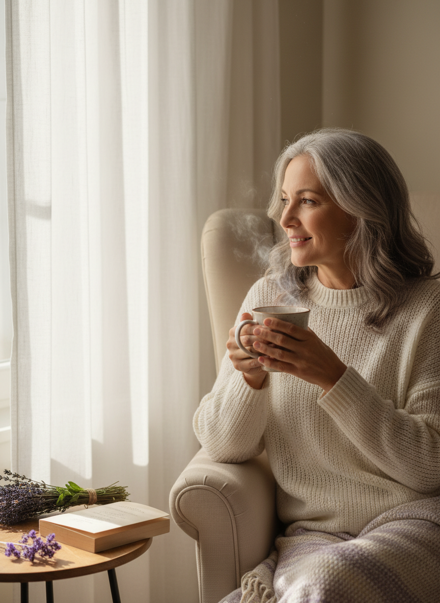 An intimate, authentic lifestyle photo of a woman over 50 with natural gray hair enjoying a quiet wellness moment at home, holding a warm cup of herbal tea near a sunlit window.