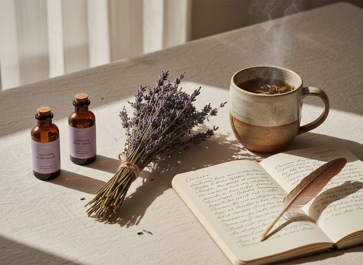 A warm, authentic photograph of natural wellness elements arranged on a soft cream linen surface: dried lavender sprigs, a ceramic mug, a handwritten notebook, and simple natural skincare bottles.