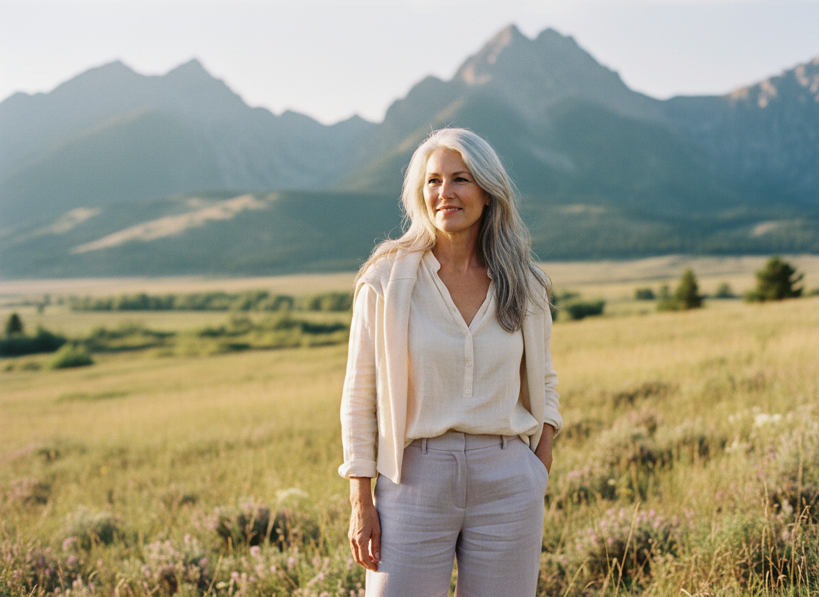 A serene, authentic photographic portrait of a graceful woman in her late 50s with beautiful natural silver-gray hair, standing outdoors in a golden Montana morning light near mountains and open fields. She wears soft cream and lavender-toned casual clothing, a gentle genuine smile, relaxed and at peace.