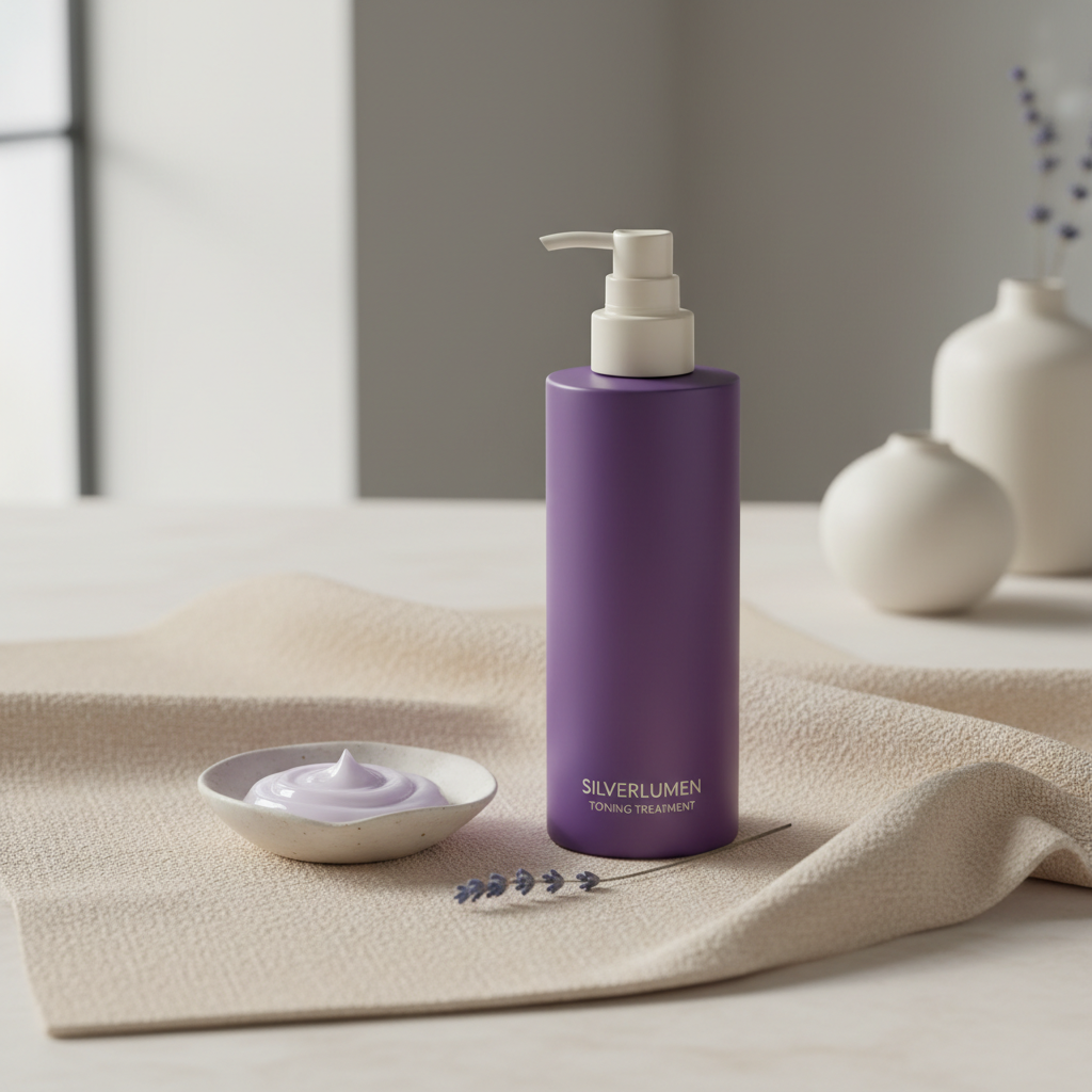 A minimalist product photograph of a violet/purple toning treatment bottle for silver hair on a warm cream linen surface with soft natural light. Elegant, sophisticated wellness styling in light purple and cream tones.