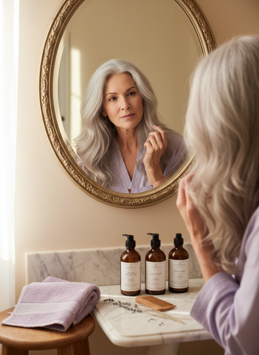 Woman over 50 with silver hair looking thoughtfully into a mirror with natural hair care products nearby