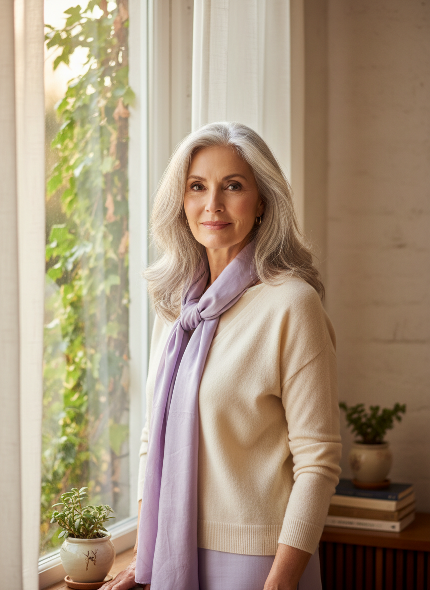 Woman over 50 with natural silver-gray hair in soft natural light near a window
