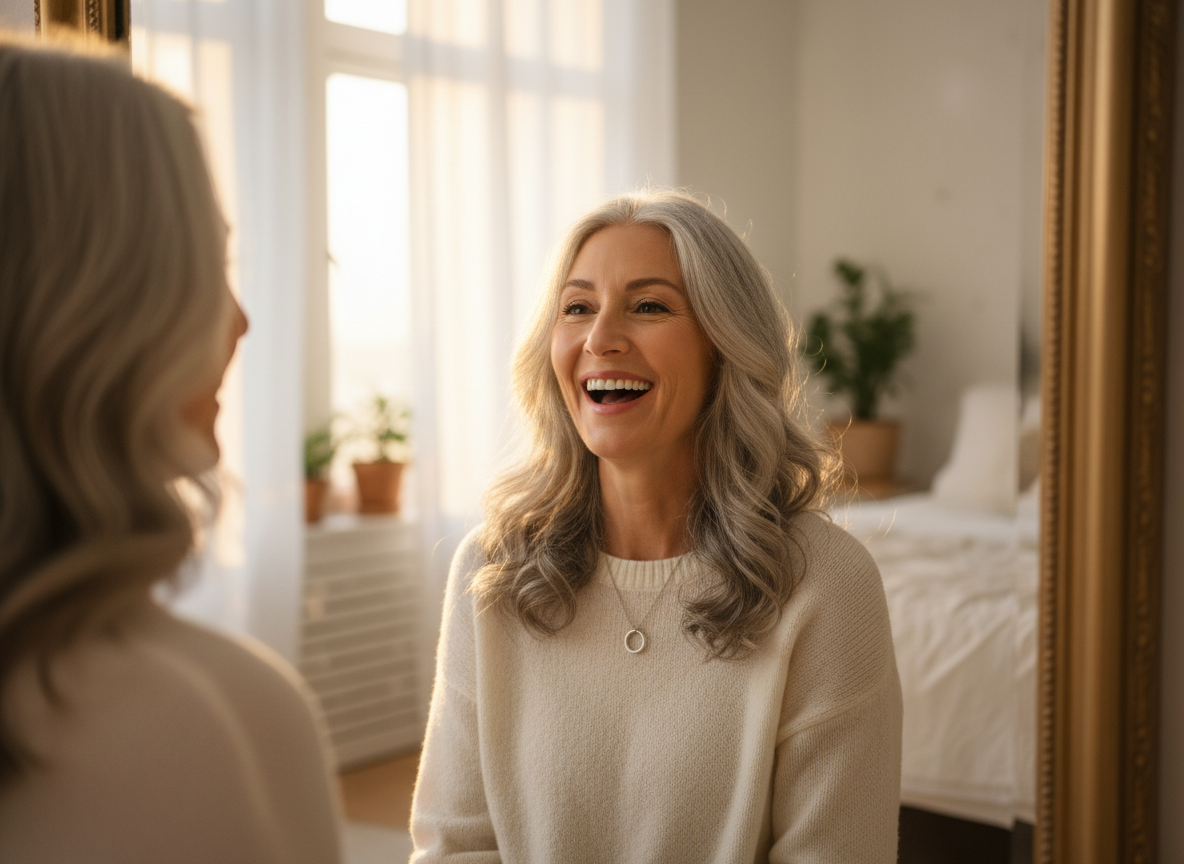 A woman celebrating her fully transitioned natural silver hair with confidence and joy