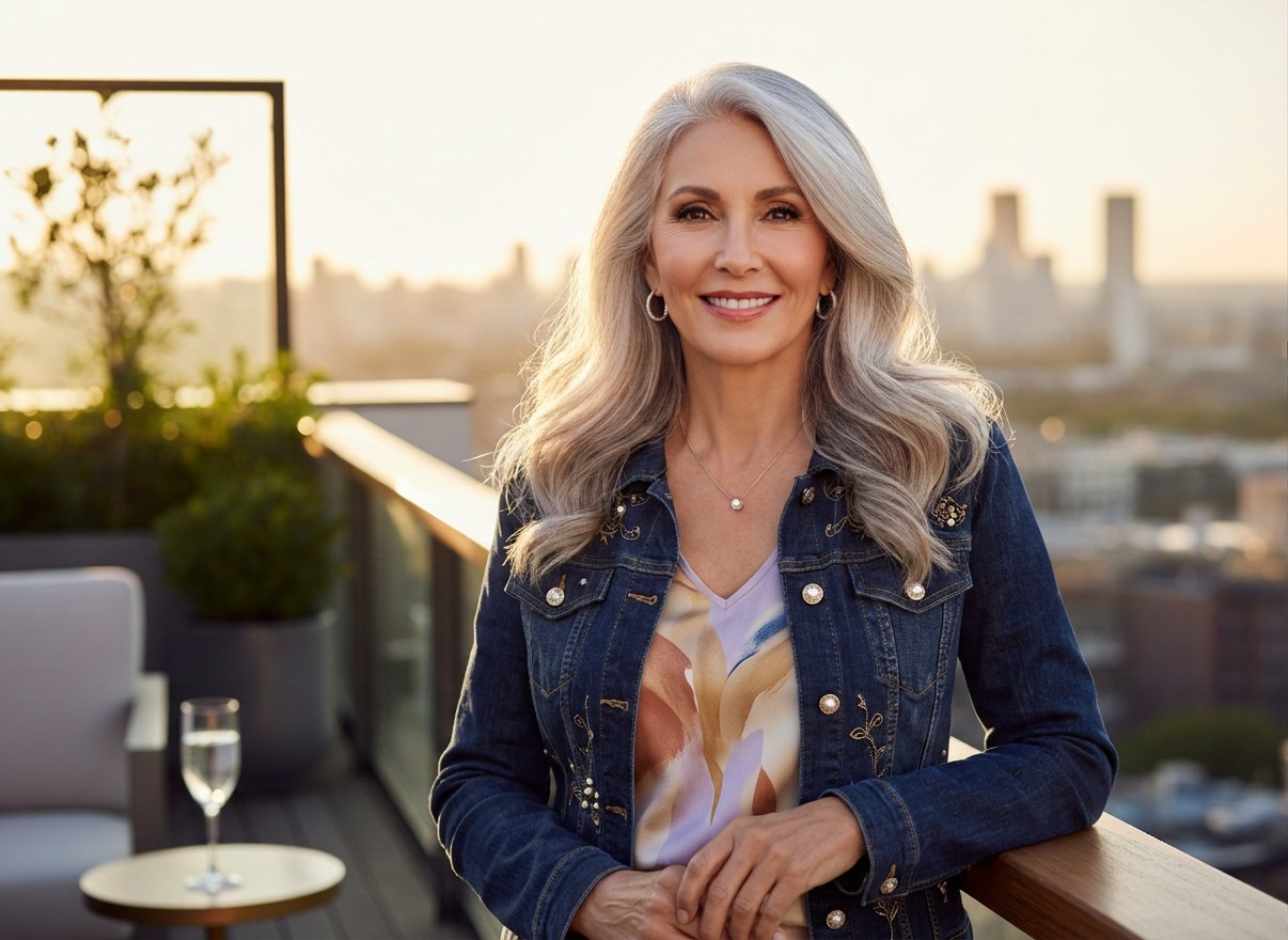 A radiant, confident woman in her 50s with stunning silver hair, looking directly at the camera with a warm empowered smile, bright natural light, elegant and aspirational lifestyle feel