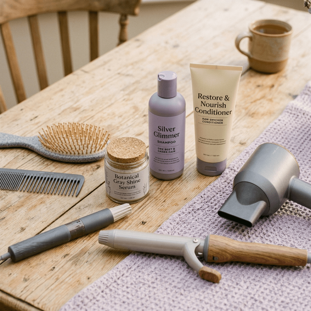 Woman with gray hair beside combs, styling tools, and hair products
