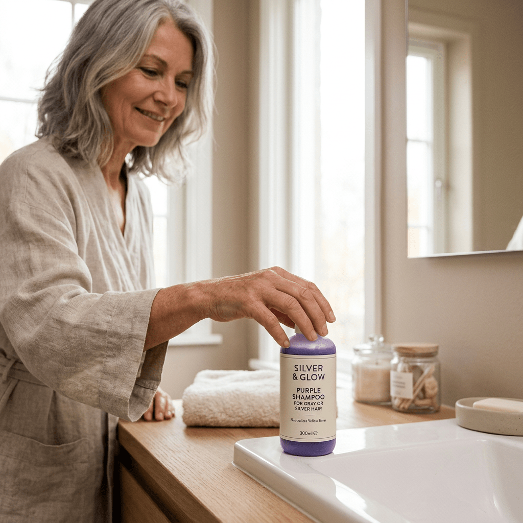 Woman reaching for Silver & Glow purple shampoo for gray or silver hair