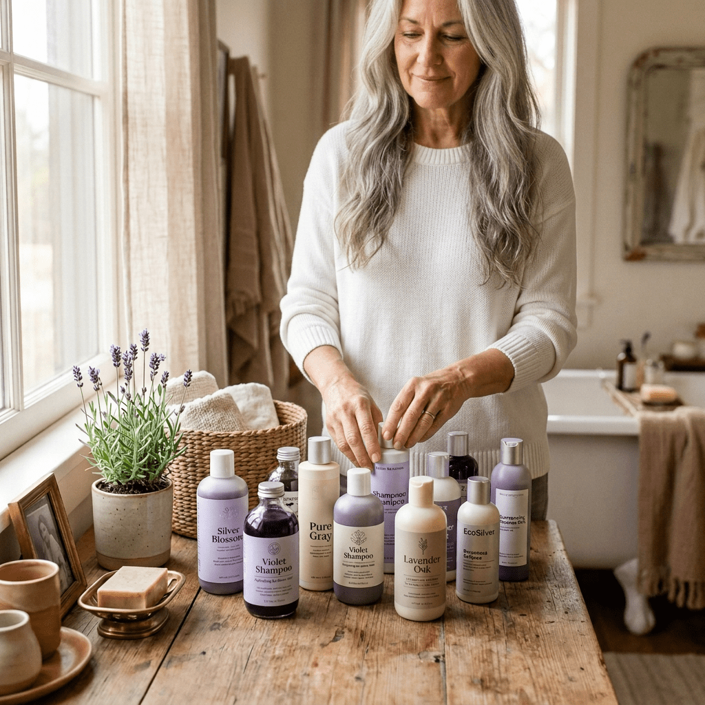 Woman arranging labeled shampoo bottles on a wooden table