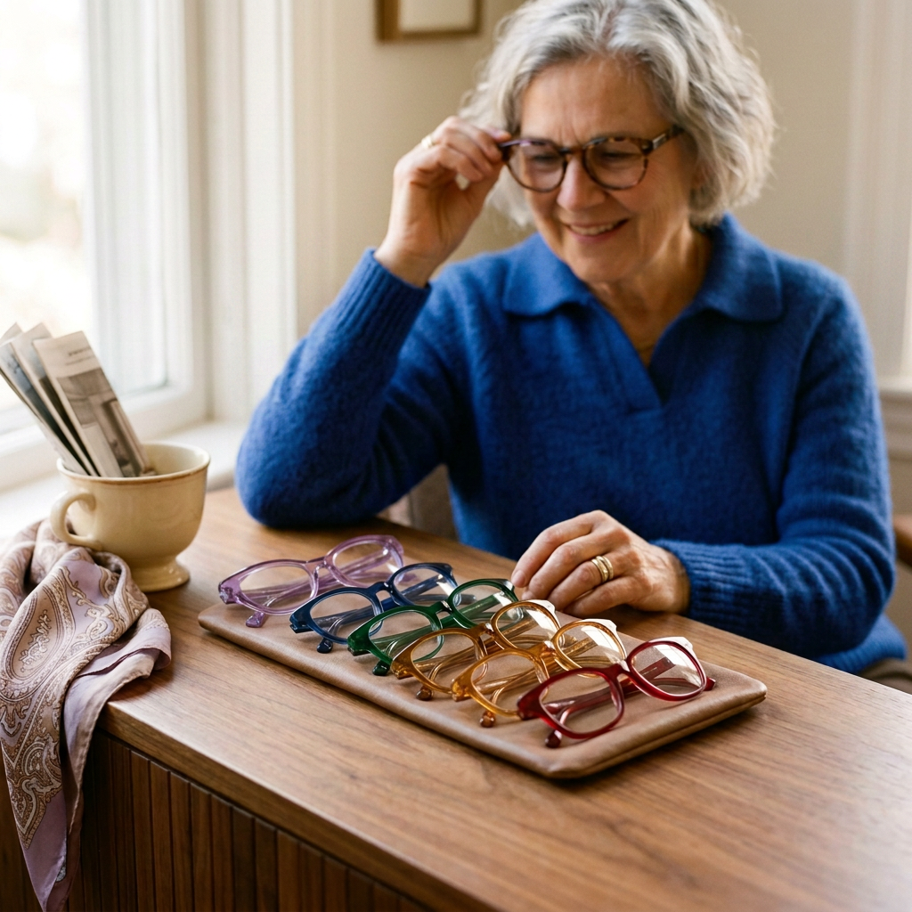 Smiling older woman comparing colorful eyeglasses at a table