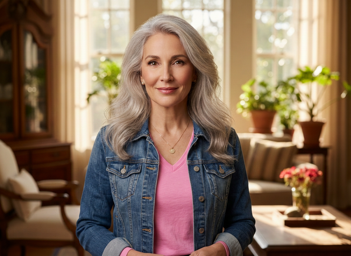 A warm, elegant portrait of a confident woman in her 50s with beautiful natural silver and white hair, soft smile, natural light, sophisticated and empowering mood, lifestyle photography style