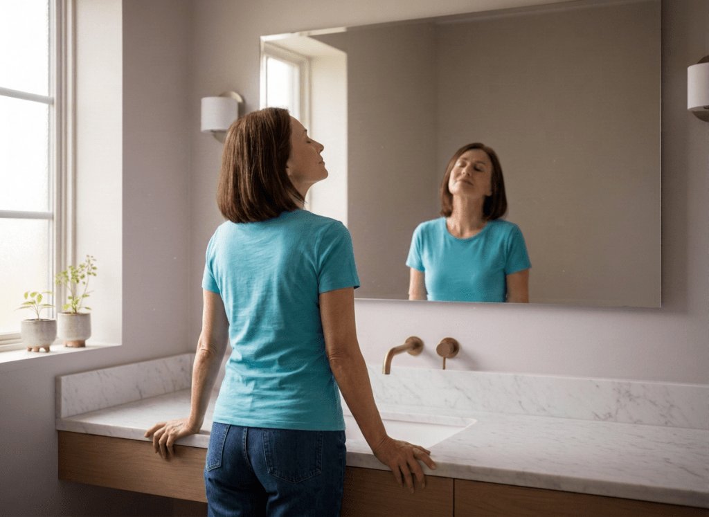 A peaceful, serene woman looking at herself in a bathroom mirror with a relaxed, relieved expression, soft natural light, the feeling of letting go of a burden, calm and freeing atmosphere