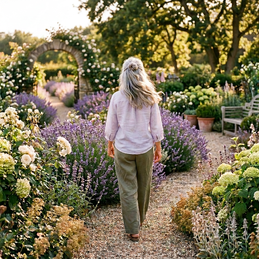 Woman walking through a flower-filled garden toward a stone arch