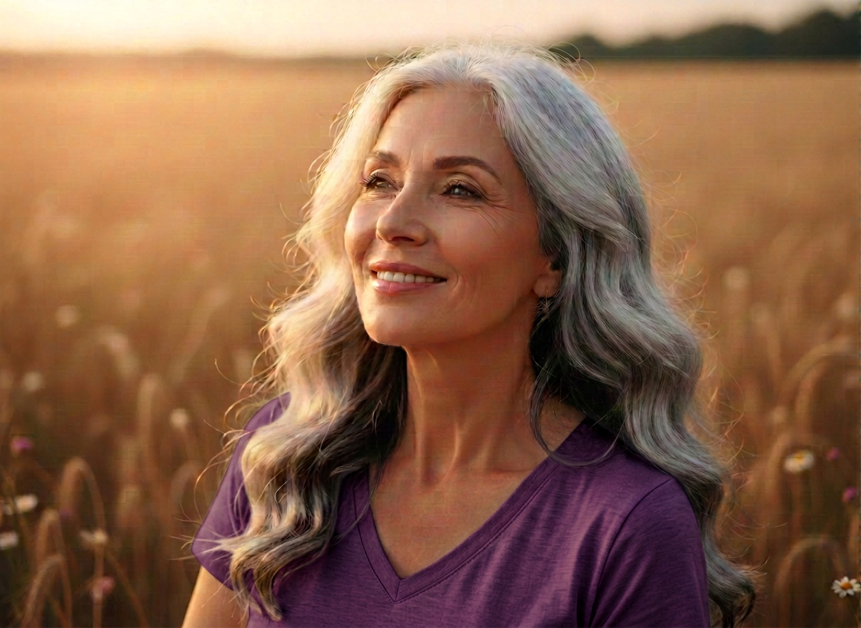 A warm, radiant woman with silver hair smiling peacefully, looking confident and self-assured, soft golden light, feeling of self-acceptance and beauty