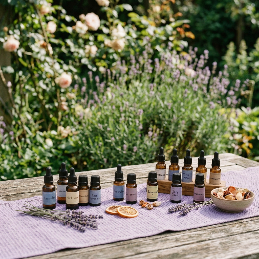 Woman arranging essential oil bottles on a garden table