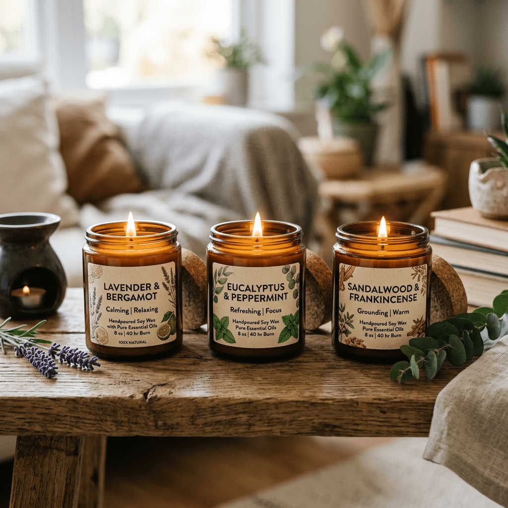 Three lit candles labeled LAVENDER & BERGAMOT, EUCALYPTUS & PEPPERMINT, and SANDALWOOD & FRANKINCENSE; each reads Handpoured Soy Wax, Pure Essential Oils, 8 oz | 40 hr Burn, 100% NATURAL.