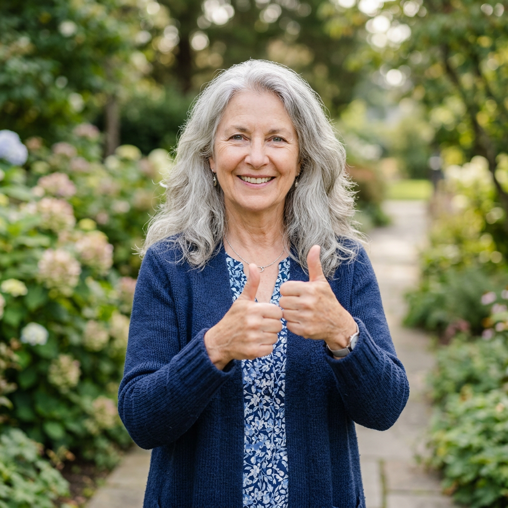Smiling older woman giving two thumbs up in a garden