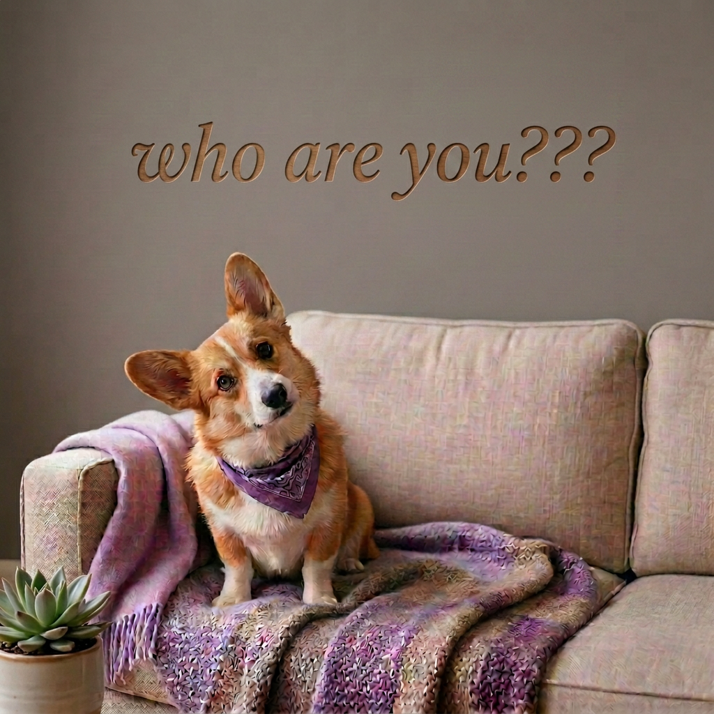 Smiling woman sitting beside a bandana-wearing dog on a couch